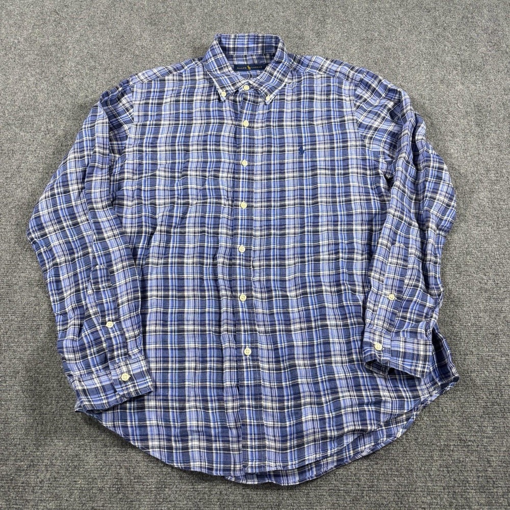 Ralph Lauren Linen Shirt Mens Large Blue Plaid Pony Button Down Preppy